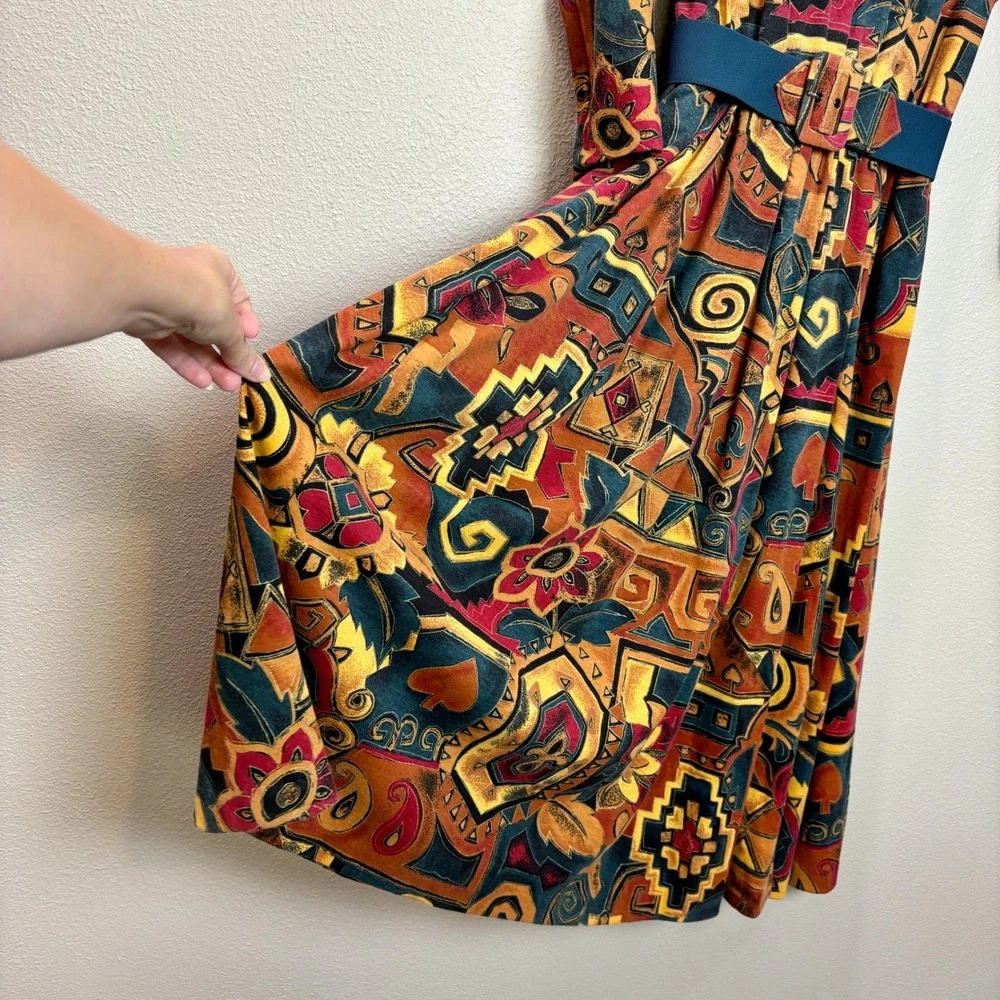 Sabino Vintage 80s‎ Midi Dress Abstract Print Belted Long Sleeve Size 6 Bohemian - Picture 5 of 16